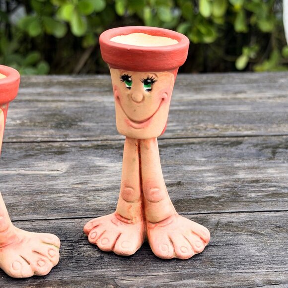 Vintage Set Art Pottery Funny Face Waddle Feet Candle Holders Air Planter Whimsy - Picture 2 of 11